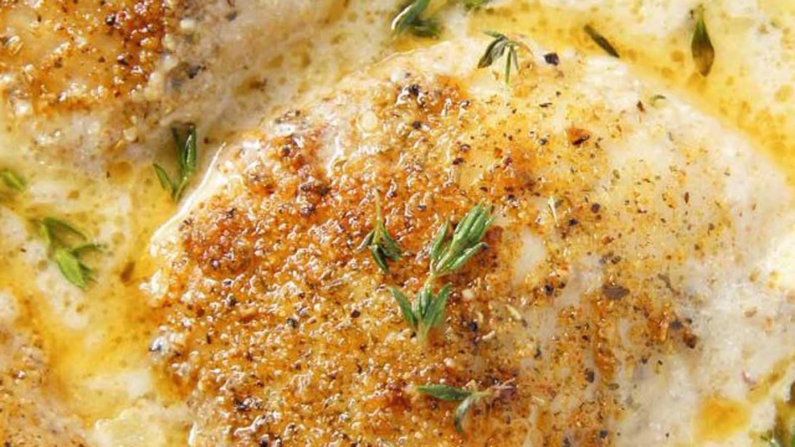 Rich garlic and thyme sauce simmering in a saucepan, perfect for a braai or steak barbecue.