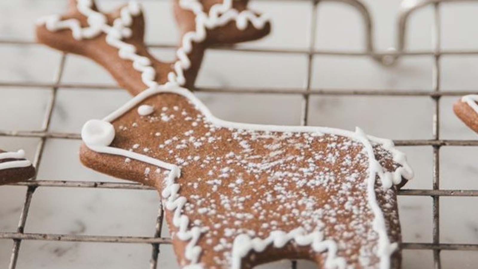 Holiday gingerbread biscuits cut into festive shapes and decorated with white royal icing.