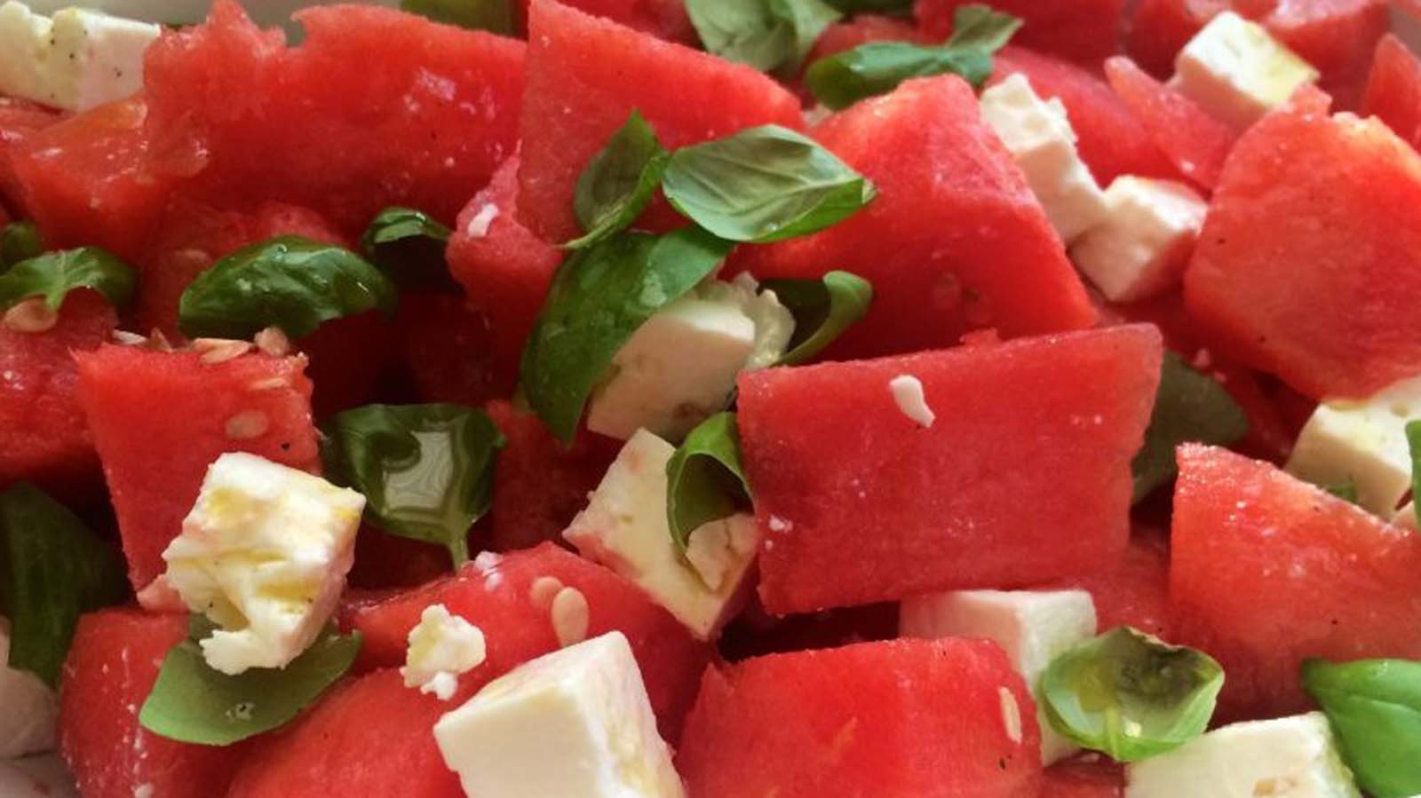 A refreshing watermelon and feta cheese salad tossed with crunchy pumpkin seeds.