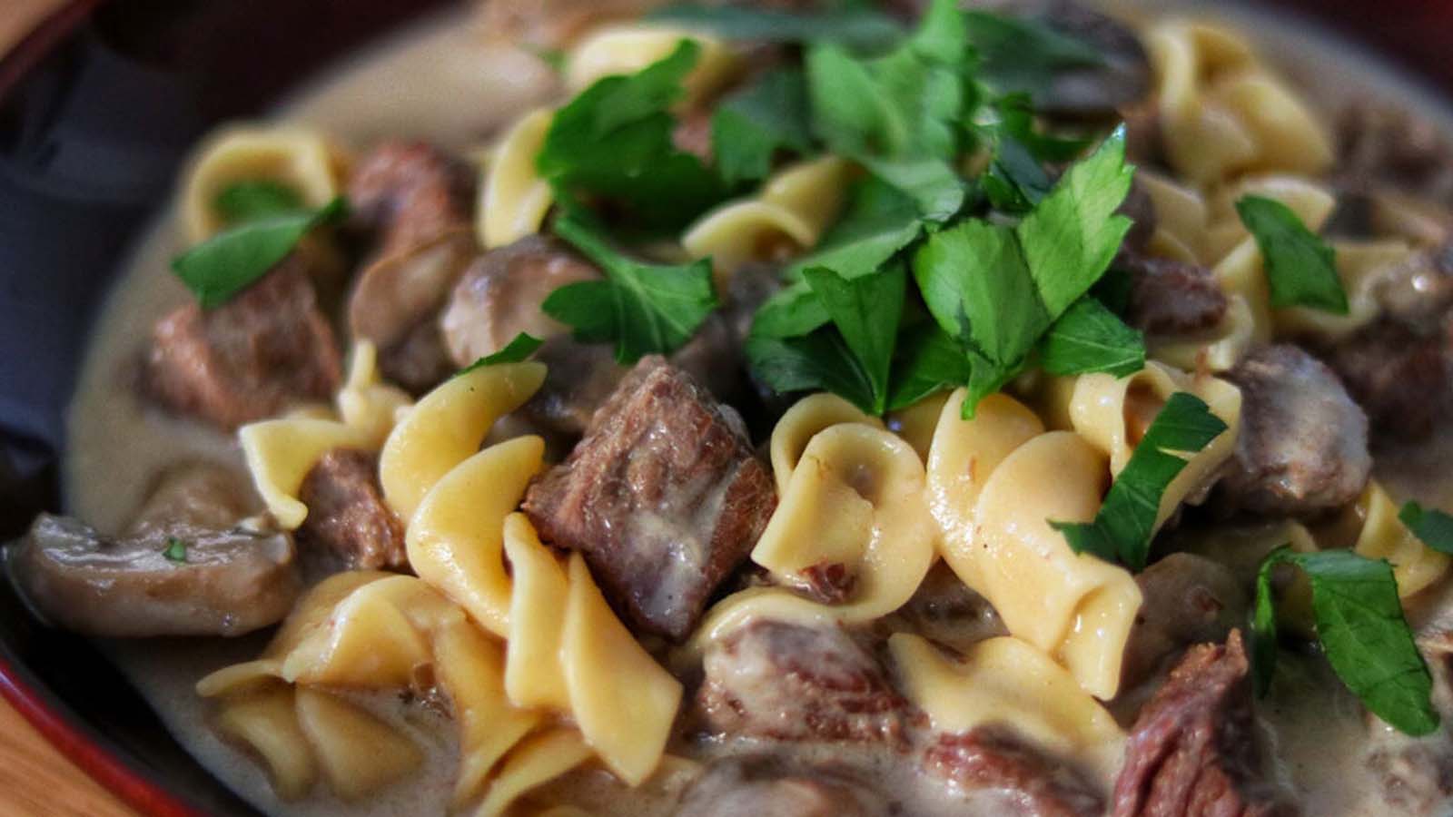 Tender strips of beef stroganoff sautéed in a rich, creamy mushroom and sour cream sauce.