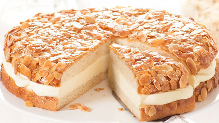 A traditional German Bienenstich Bee Sting cake with a crunchy honey-almond topping.