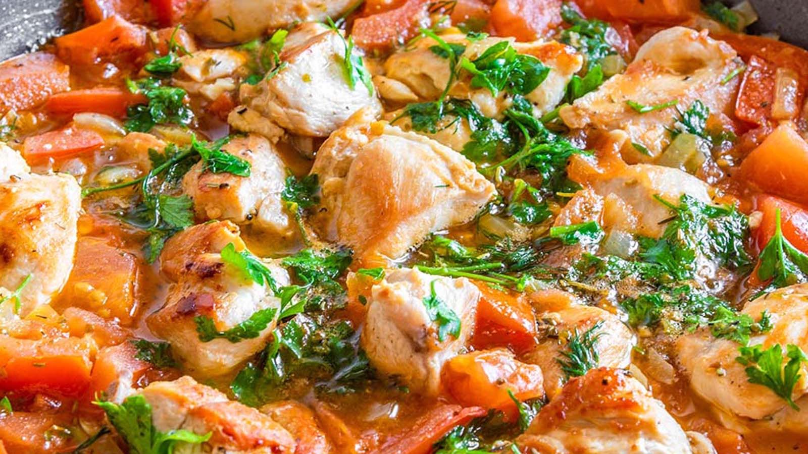 A comforting, rich chicken stew cooked with wholesome garden vegetables in a thick broth.