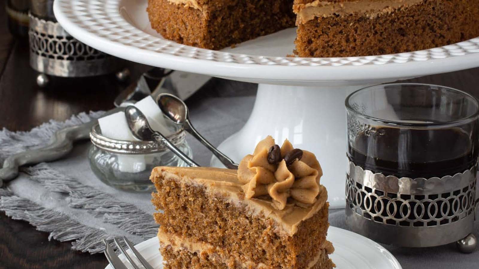 A gorgeous multi-layer coffee cake layered with rich caramel sauce and fresh cream.