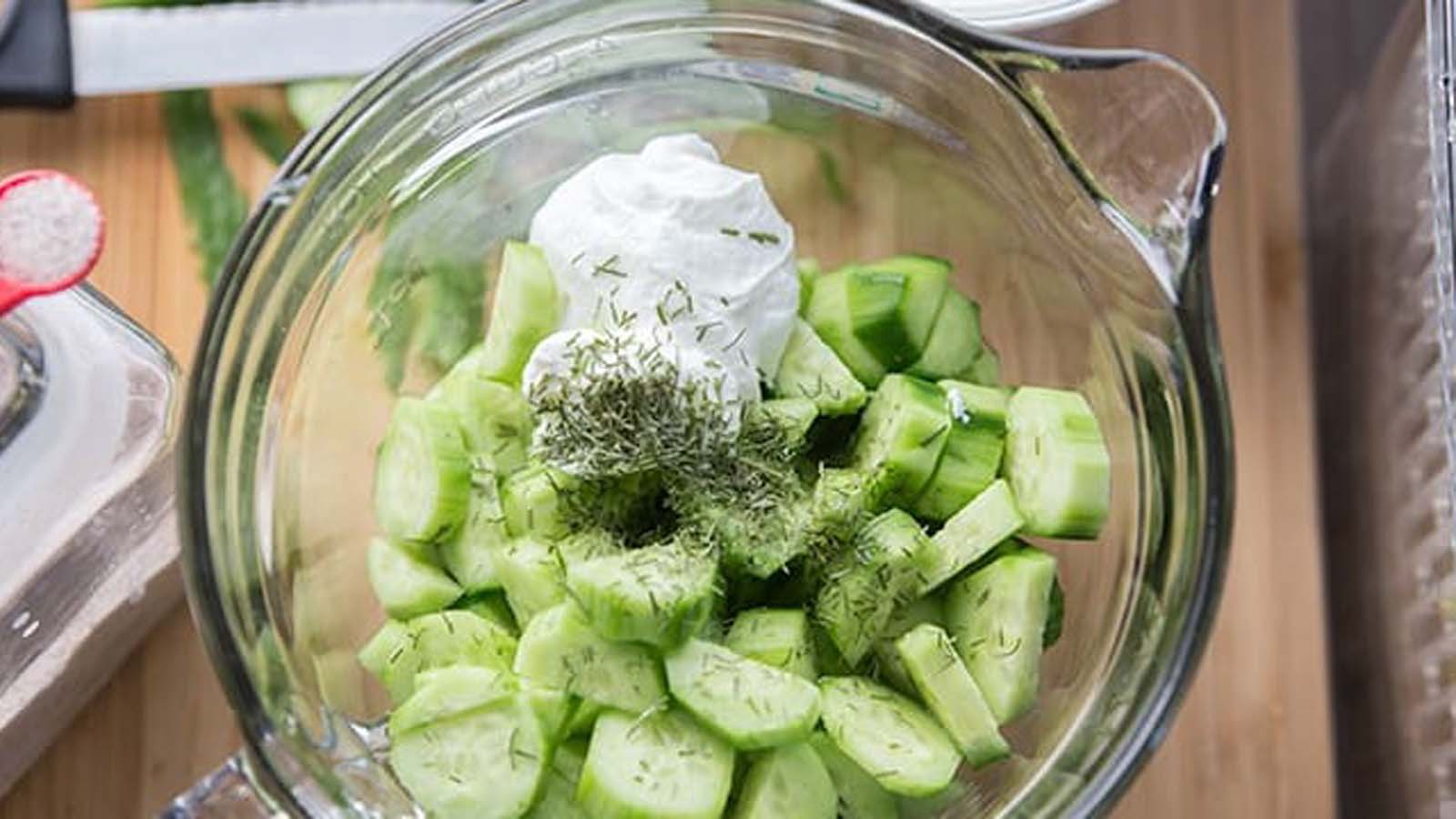 A refreshing cool cucumber salad with thin slices tossed in a light, creamy dill dressing.