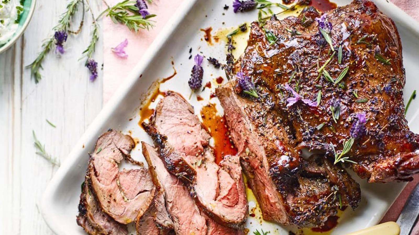 A fragrant lavender roast lamb leg cooked to tender perfection with fresh herbs.