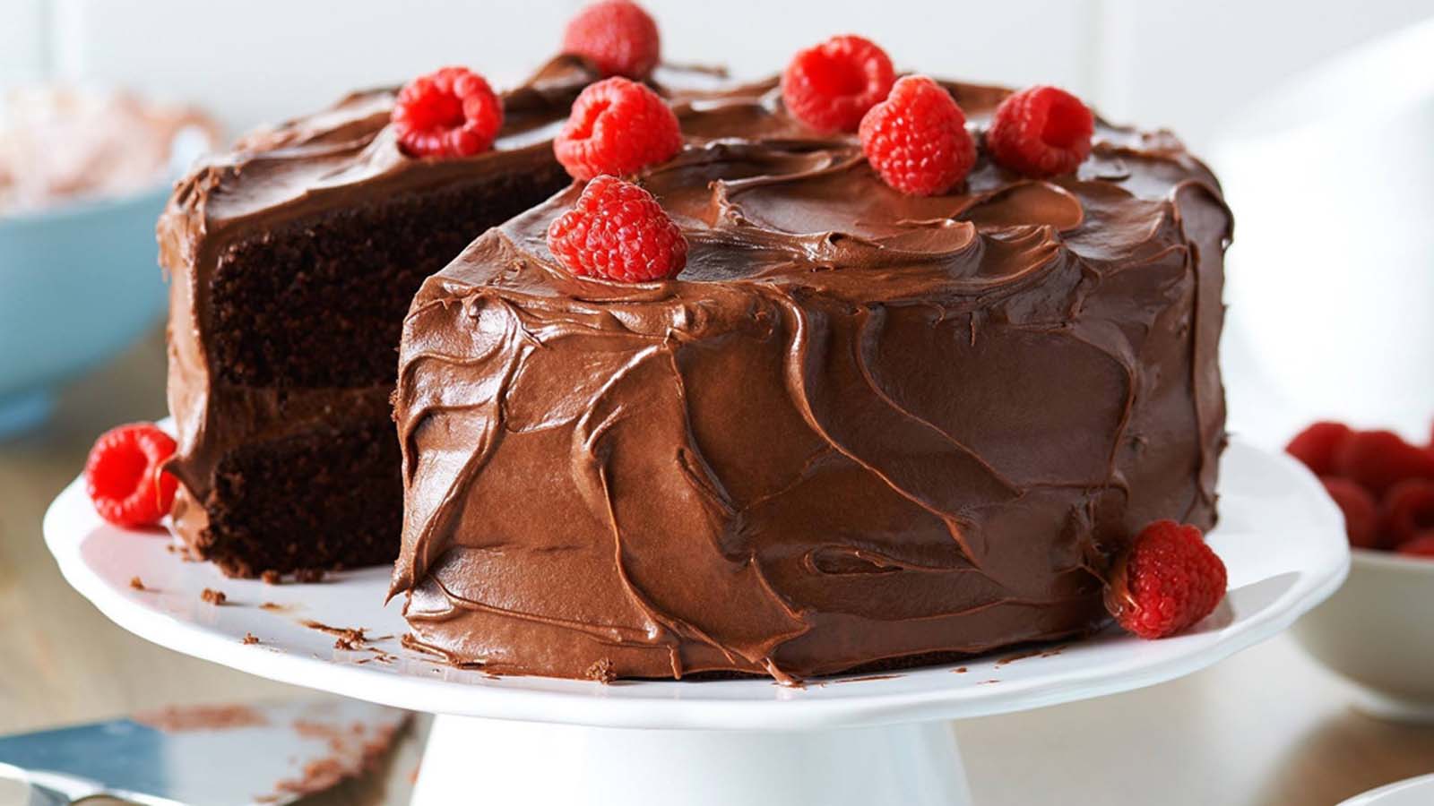 A rich, double-layered moist chocolate cake covered in deep chocolate fudge frosting.