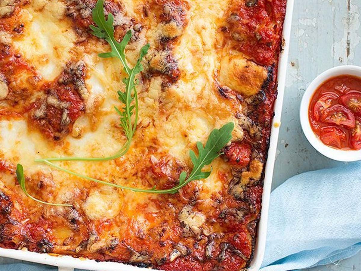 A rich, multi-layered baked beef lasagne with melted mozzarella and marinara sauce.