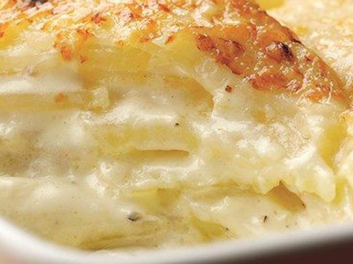 A warm, cheesy potato bake bubbling with fresh cream and a golden browned top crust.