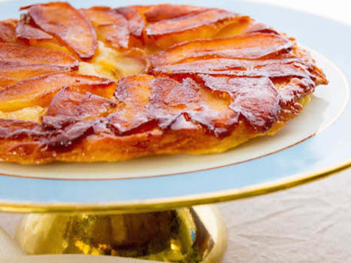 A classic French upside-down apple tarte tatin with deeply caramelised apples.