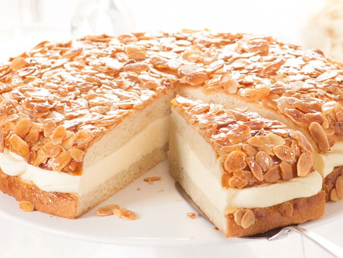 A traditional German Bienenstich Bee Sting cake with a crunchy honey-almond topping.