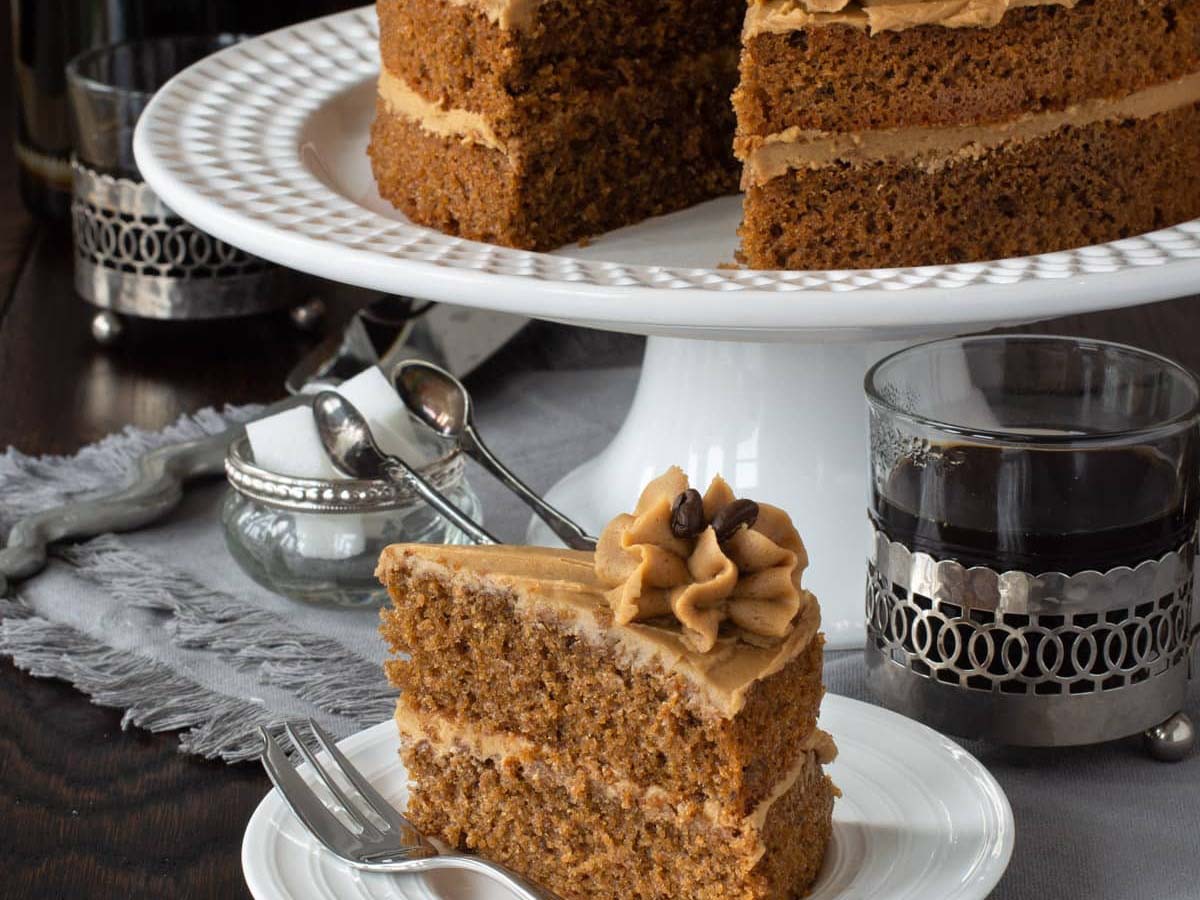 A gorgeous multi-layer coffee cake layered with rich caramel sauce and fresh cream.