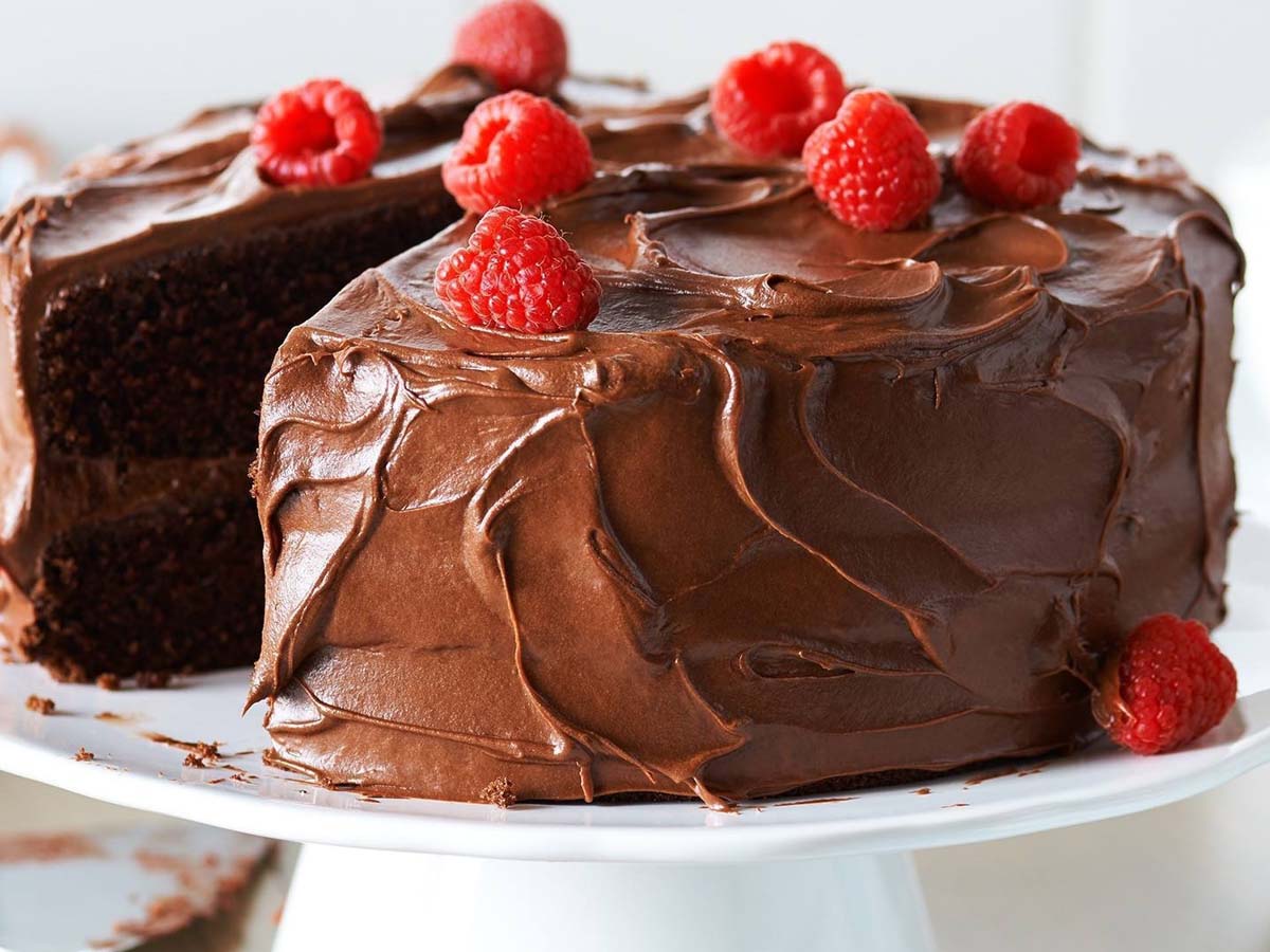 A rich, double-layered moist chocolate cake covered in deep chocolate fudge frosting.
