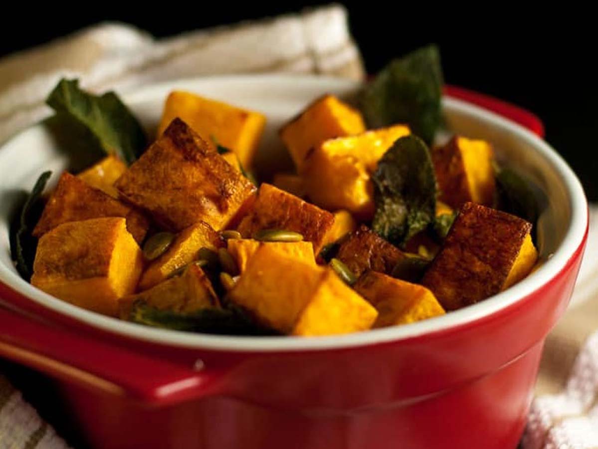 Cubes of tender roasted butternut squash baked with fragrant fresh sage leaves.